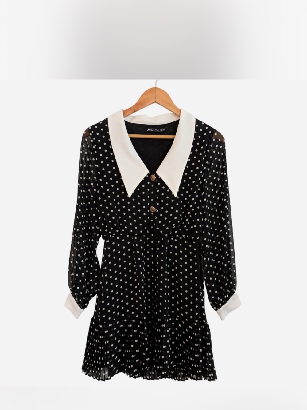 Zara Black Polka Dot Long Sleeve Mini Dress with White Collar